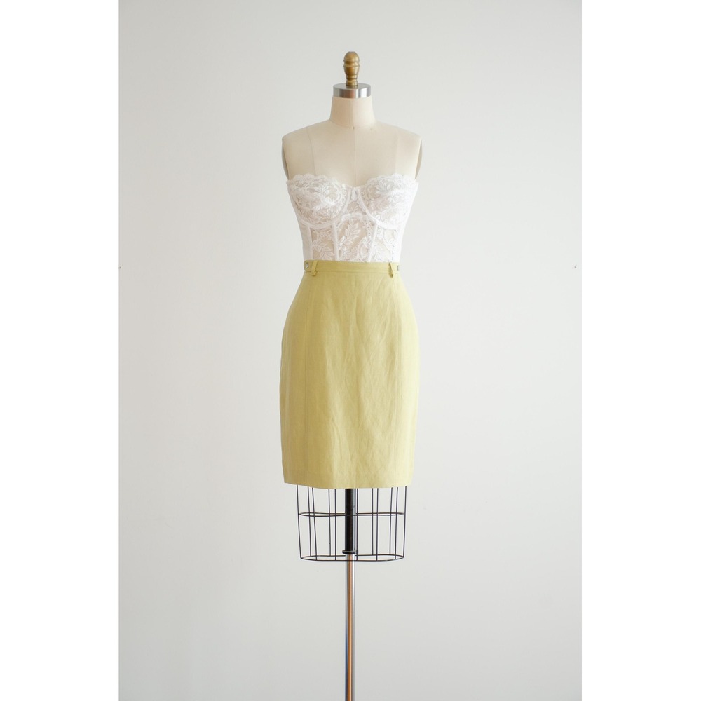 Ann Pinkerton Mini Skirt Vintage 90s Silk Linen M Green Chartreuse Pockets - Picture 2 of 5